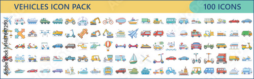 Collection of One Hundred Transportation Vehicle Icons Depicting Various Modes