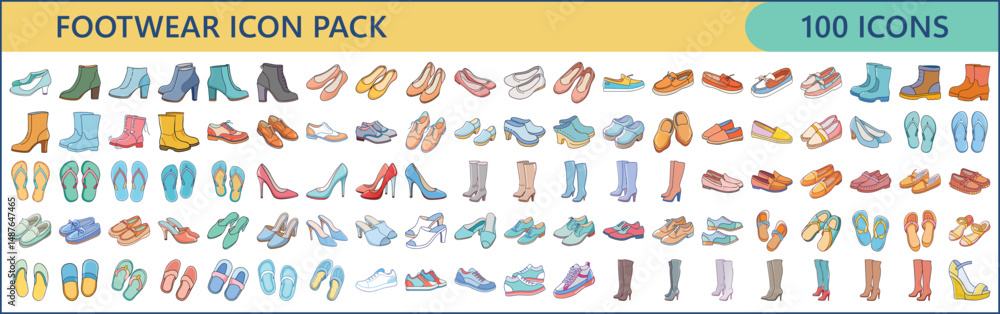 A Comprehensive Footwear Icon Pack with One Hundred Varied Shoe Designs A Comprehensive Footwear Icon Pack with One Hundred Varied Shoe Designs