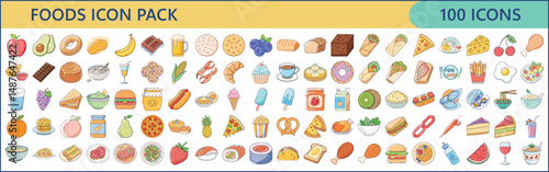 Collection of One Hundred Different Food Icon Vector Illustrations in Cartoon Style