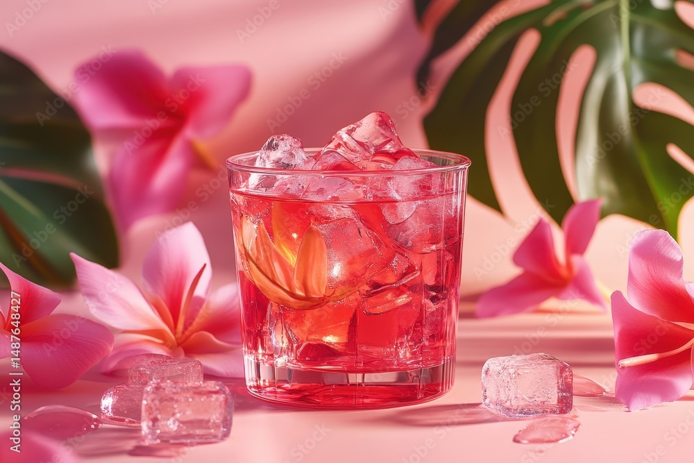 Pink tropical drink in a glass with ice and flowers. Pink tropical drink in a glass with ice and flowers.