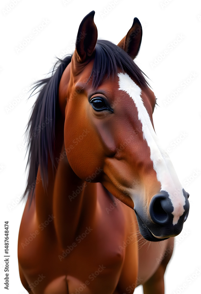 Fototapeta premium Captivating portrait of a beautiful brown horse with a white blaze, isolated on white backdrop.