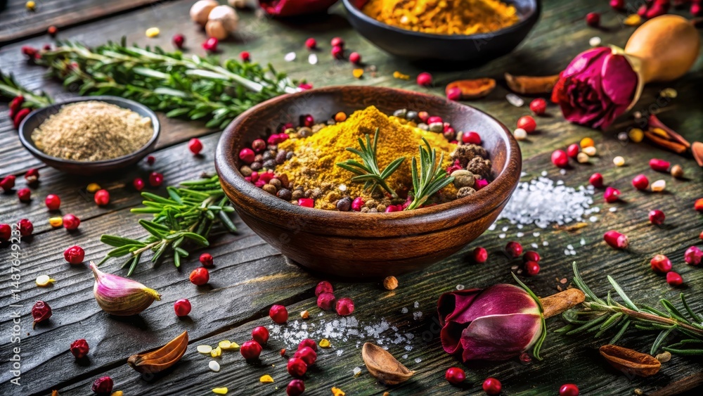 Aromatic blend of culinary herbs and spices displayed on rustic wooden surface Aromatic blend of culinary herbs and spices displayed on rustic wooden surface
