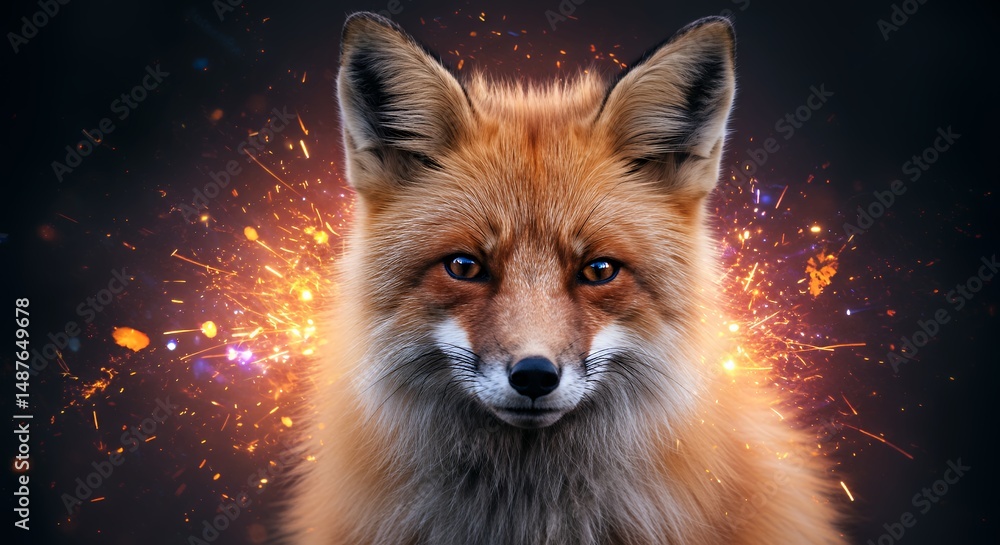 Fototapeta premium Fox portrait with glowing sparks in dark background