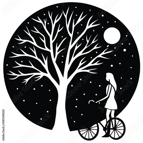 A Lonely girl with bike standing near tree in the night of a silhouette