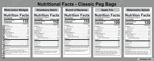 Nutrition facts, Supplement facts, Nutrition facts template, Nutrition Facts of Classic Peg Bags, Editable Vector Template for Adding Nutrition Facts and Nutrition Level Details