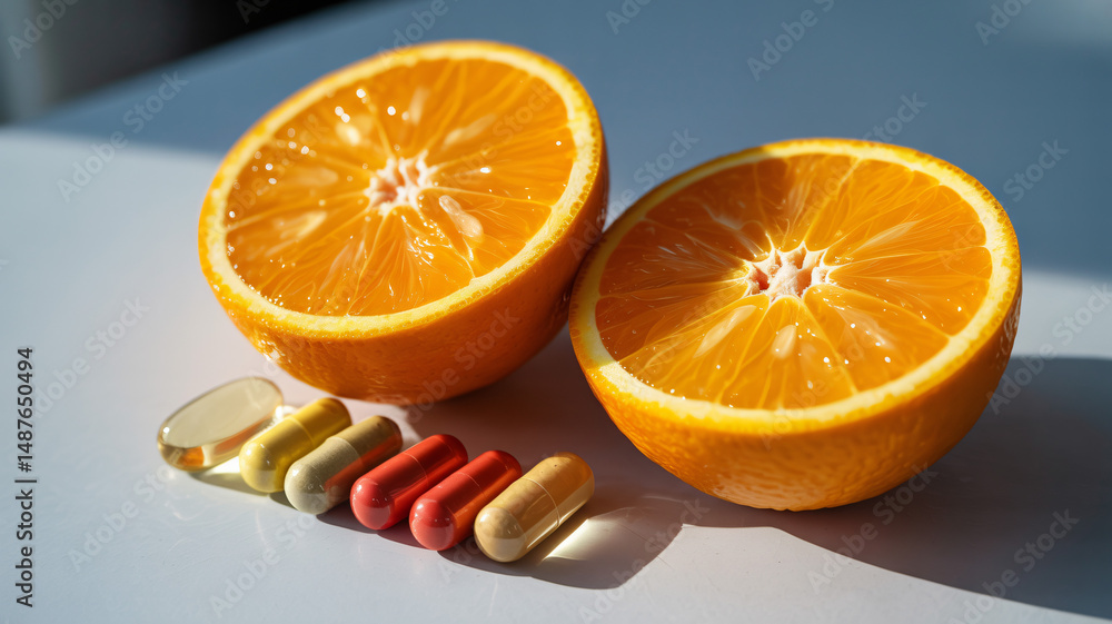 Fototapeta premium Orange halves and vitamin supplements on a light blue background vibrant and healthy lifestyle