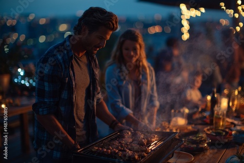 father with child enjoying a cozy evening rooftop barbecue.