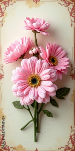 A bouquet of six pink daisies arranged on a green stem with leaves