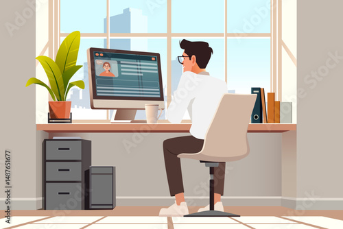 Digital Nomad Working Remotely in Coworking Space with City Skyline