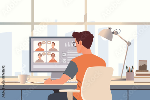 Digital Nomad Working Remotely in Coworking Space with City Skyline
