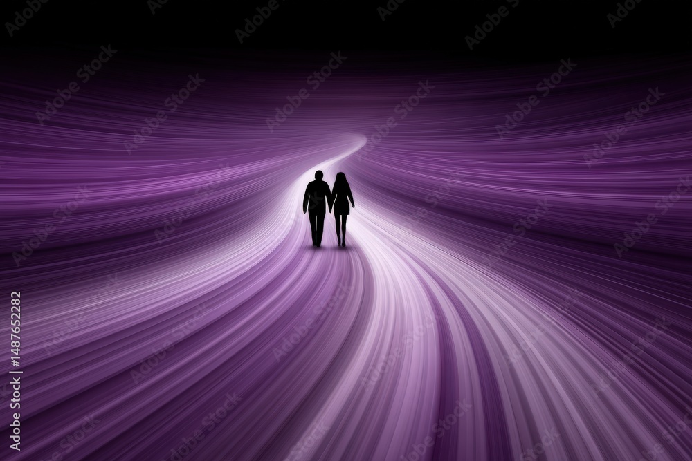 Couple walking hand in hand along a vibrant, swirling pathway of purple hues symbolizing love and connection against a dark background creating an ethereal and dreamlike atmosphere Couple walking hand in hand along a vibrant, swirling pathway of purple hues symbolizing love and connection against a dark background creating an ethereal and dreamlike atmosphere