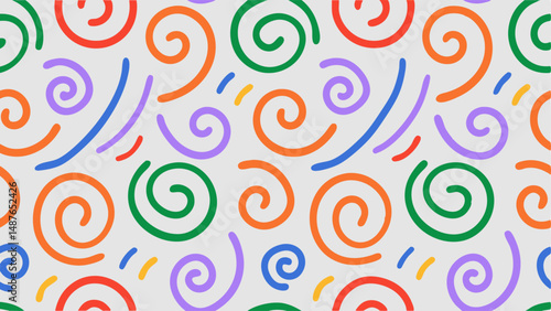 Vibrant Abstract Pattern with Swirls and Lines. A cheerful and playful seamless pattern featuring colorful swirls and lines on a light gray background.