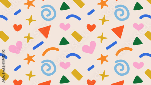 Playful, Colorful Abstract Shapes Pattern on Beige Background. This vibrant pattern features a collection of simple, hand-drawn shapes – hearts, stars, triangles, spirals, and lines – in a variety.