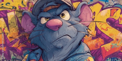 Close-up view of a cartoon rodent character.