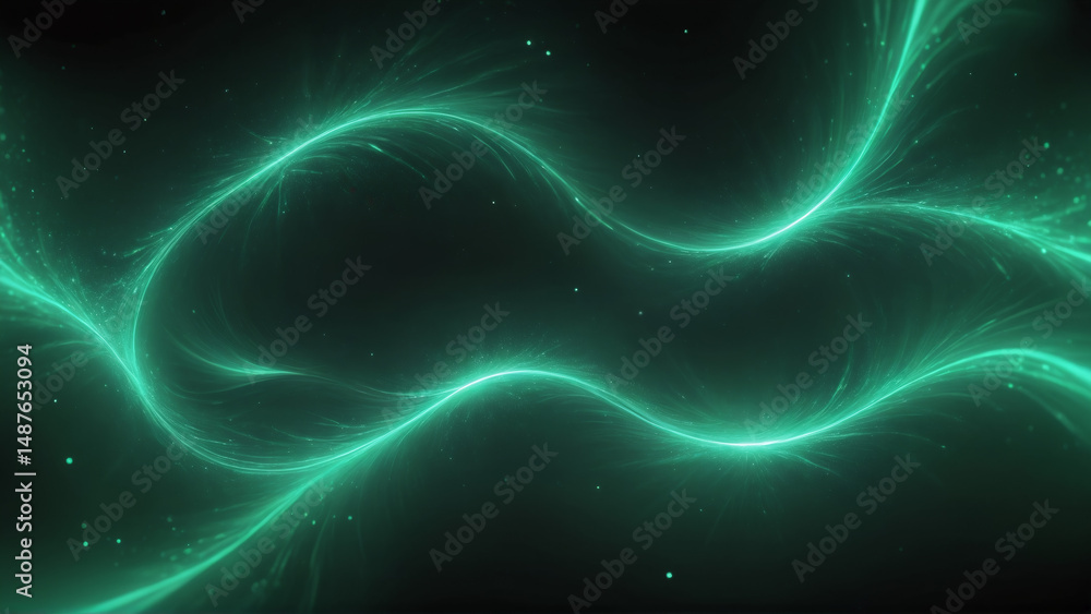 Obraz premium Abstract glowing green energy waves and particles on dark background