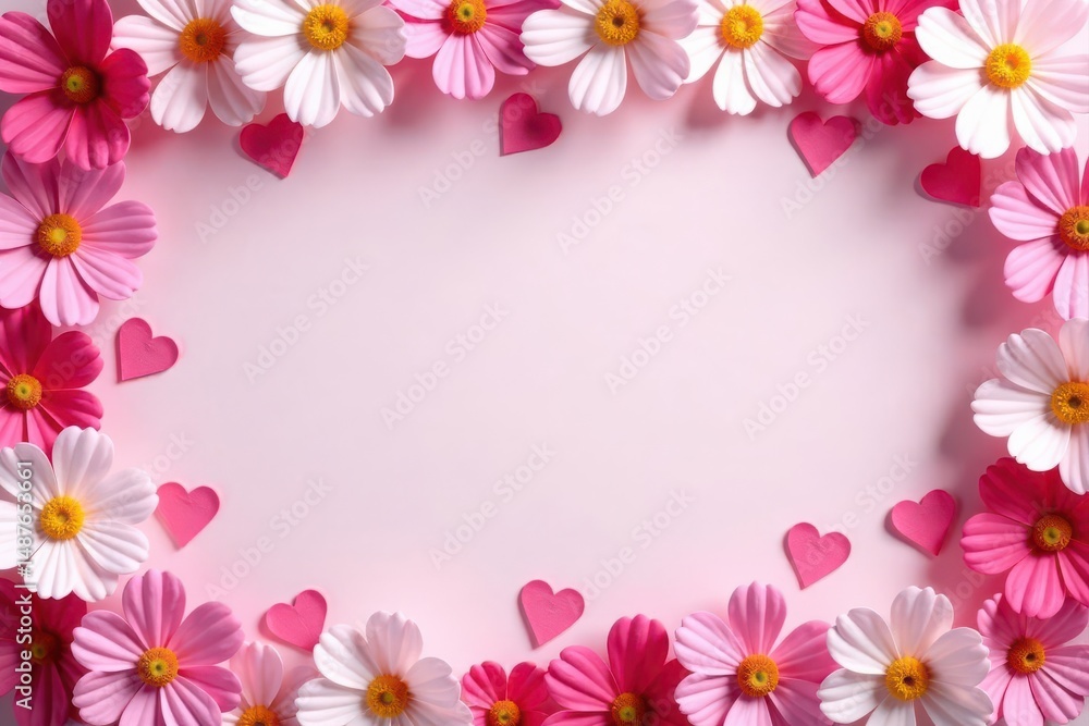 Pink floral frame, hearts, pastel background Top view , spring, texture, decoration Pink floral frame, hearts, pastel background Top view , spring, texture, decoration