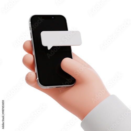 Hand holding a smartphone with a text message bubble.