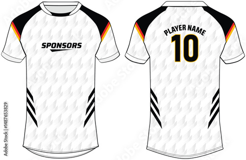 Sports jersey t shirt design concept vector template, German Raglan Round neck football jersey tee concept with front and back view for Cricket, soccer, Volleyball, Rugby uniform