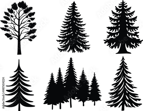 A collection of six tree silhouettes in black and white showing different tree types and shapes nicely