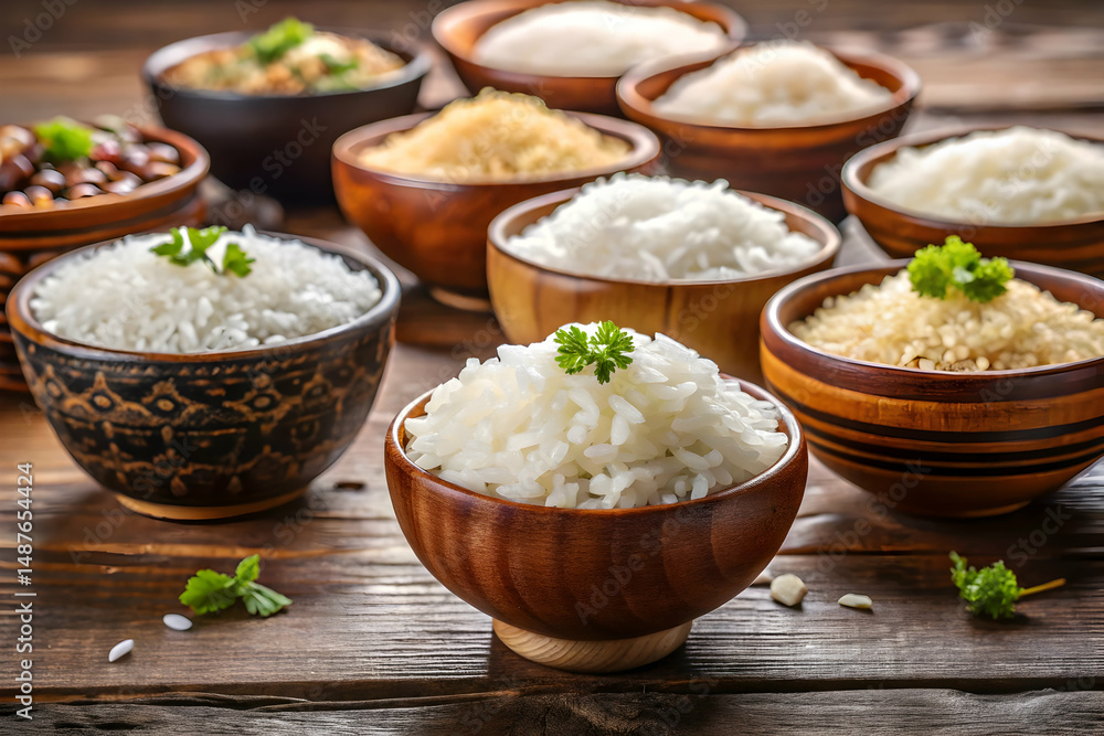 Bowls with rice served on neutral background for minimalist food setting Bowls with rice served on neutral background for minimalist food setting