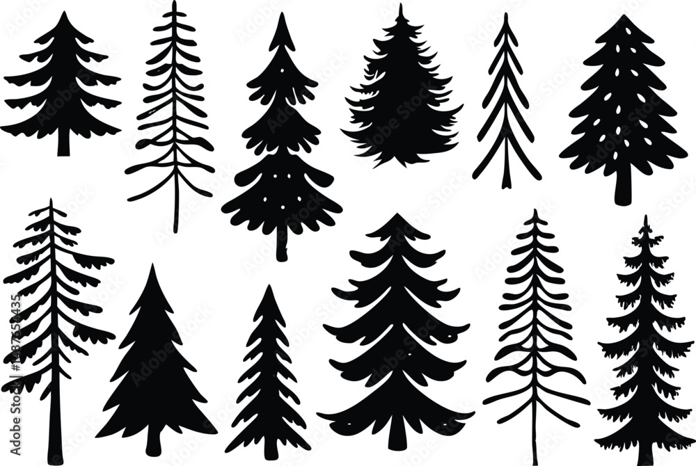 Obraz premium Collection of various black christmas tree silhouettes isolated on a white plain background design element
