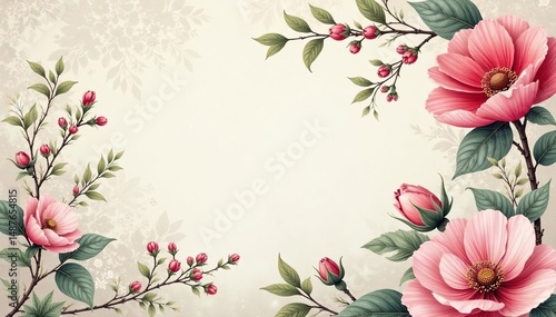 Delicate floral damask, intertwined blossoms and vines, subtle shading , blossom, pastel