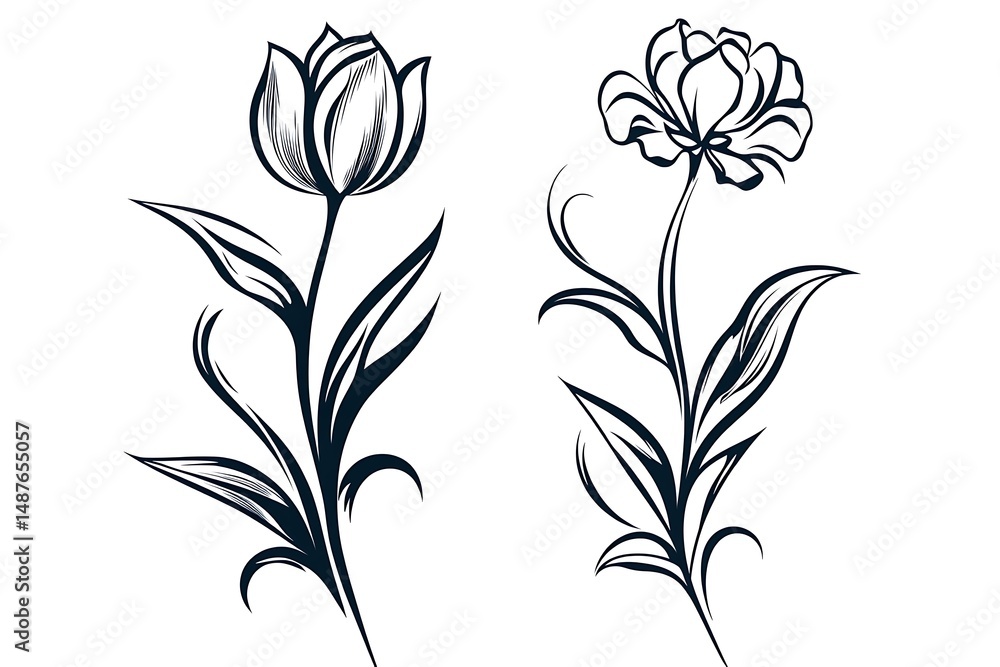 Stylized Floral Elements Two Black Ink Flowers With Stem and Leaves on White