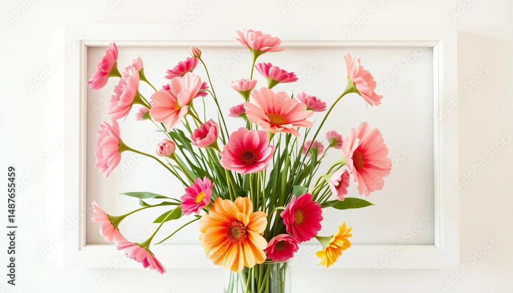 Obraz premium White frame mockup showcasing spring flowers in a vase on a light background, ideal for interior design, springtime, bright