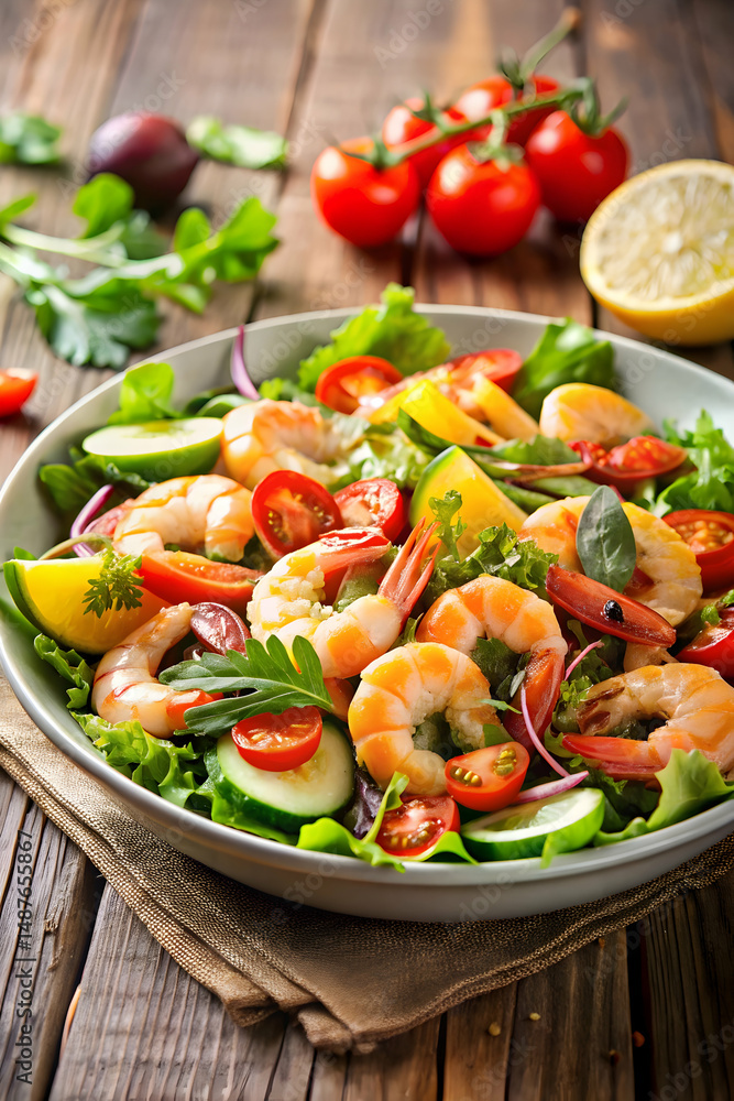 Shrimp salad served with vegetables and greens on ceramic plate Shrimp salad served with vegetables and greens on ceramic plate