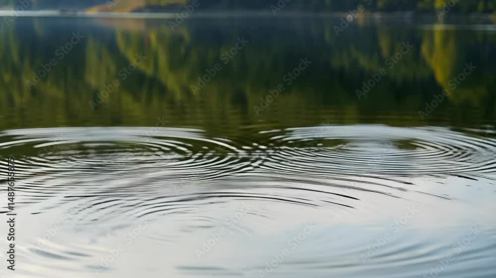 Calm lake water surface reflecting a blurred green forest with concentric ripples emanating from single point impact. Calm lake water surface reflecting a blurred green forest with concentric ripples emanating from single point impact.