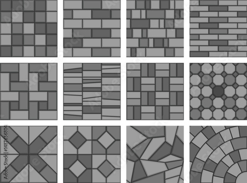 Top view vector set of seamless pavement patterns. City sidewalk, street tiles, and stone floor textures for urban roads, parks, and architectural design.