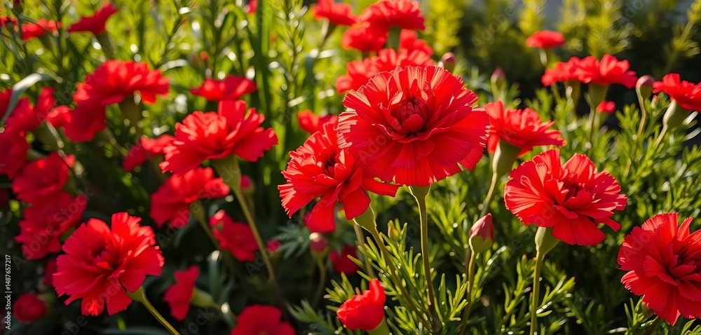 Vibrant red carnations bask in sunlight, petals unfurling in a lush garden bloom, red, photography Vibrant red carnations bask in sunlight, petals unfurling in a lush garden bloom, red, photography