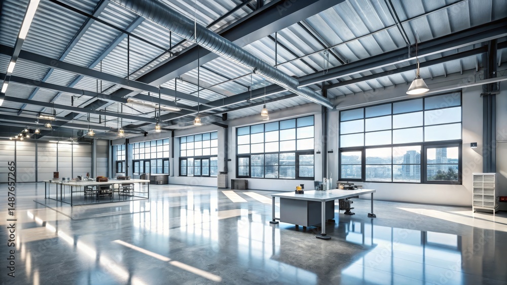 Spacious industrial loft with expansive windows and polished concrete floor, ideal for modern workspace or creative studio Spacious industrial loft with expansive windows and polished concrete floor, ideal for modern workspace or creative studio