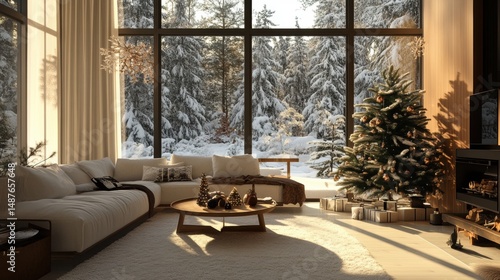 Winter Holiday Decorated Living Room with Snowy Forest View Through Large Window
