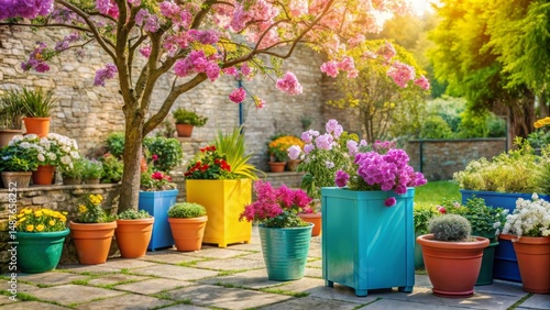 Wallpaper Mural Vibrant Garden Oasis Featuring Colorful Planters and Blooming Flowers in a Sunny Courtyard Setting Torontodigital.ca