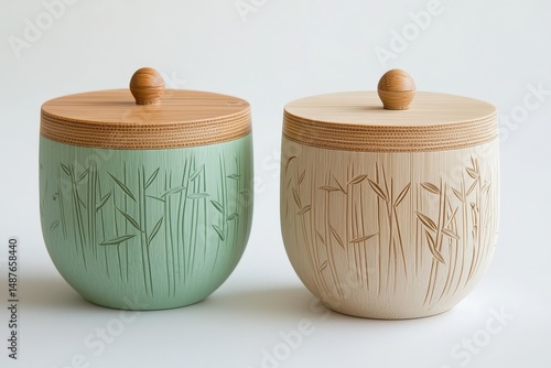 Self-assembling bamboo fiber containers with magnetic closures, bamboo grove laser etchings in celadon green and sand colors