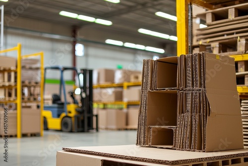 Shipping warehouse racking system with collapsible cardboard furniture boxes and forklift hydraulic lines in soft background bokeh