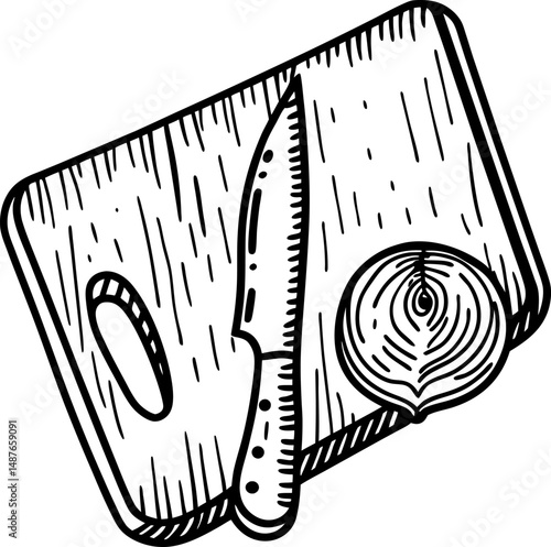 Knife and onion on wooden cutting board kitchen, culinary tools, cooking preparation