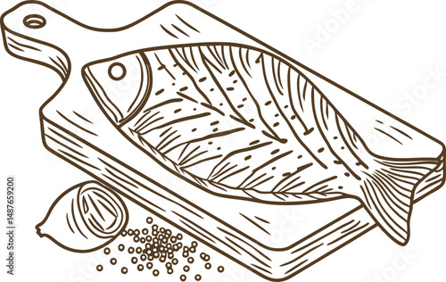 Herb seasoned fish sketch on cutting board with onion and peppercorns, culinary essentials