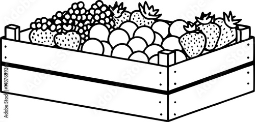 crate of fresh berries and fruits strawberries, grapes, oranges harvested produce for healthy eating