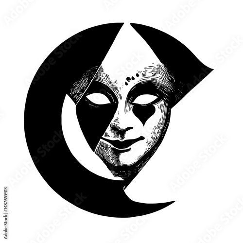 Harlequin mask emerging from a crescent silhouette, merging light and shadow with suit motifs overhead; a versatile vector for theater posters, mystery branding and masquerade invitations