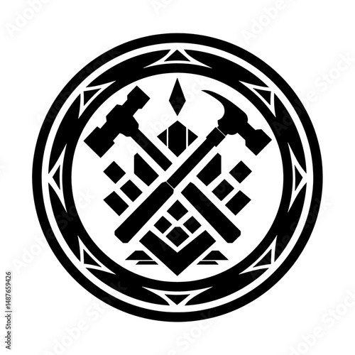 Intricate artisan guild crest featuring crossed hammer and mallet over a mosaic of geometric tiles framed by a circular border, ideal for craftsmanship logos, woodworking brands, craft fair marketing