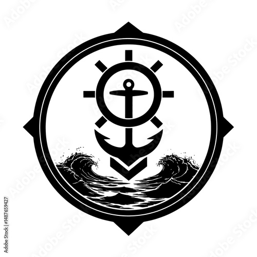 Bold nautical emblem featuring an anchor crowned by sun rays above rolling waves, encased in a compass-inspired frame; perfect for maritime logos, sailor branding and coastal adventure promotions