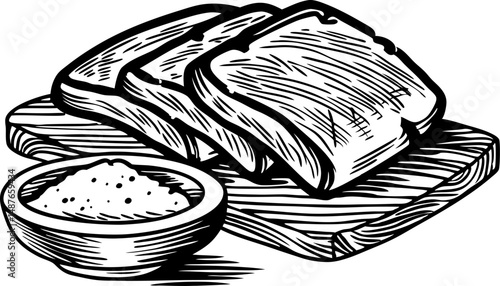 Sliced bread loaf on wooden board with bowl of salt in vintage illustration