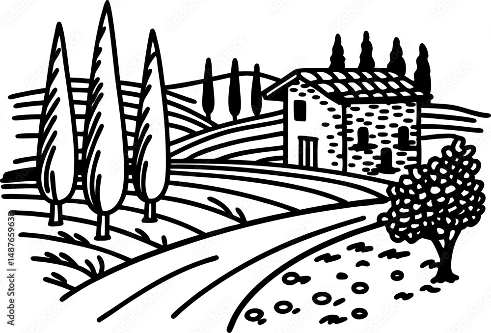 Naklejka premium Rustic countryside scene with farmhouse and cypress trees in rolling fields