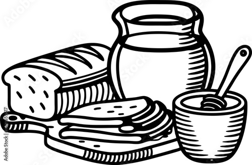 traditional breakfast spread bread, cheese slices, honey jar, rustic wood cutting board