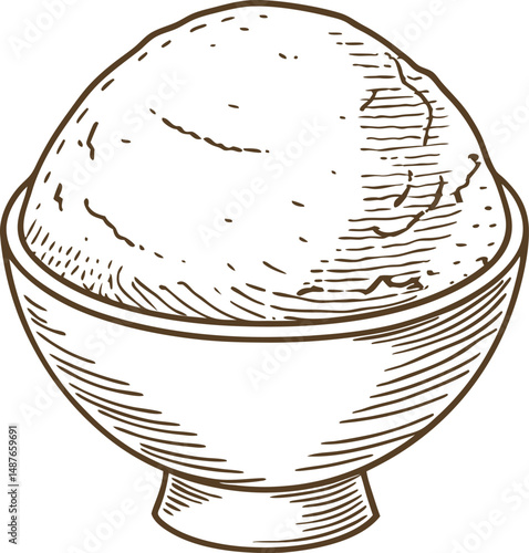 hand drawn ice cream scoop in bowl, vintage line art illustration