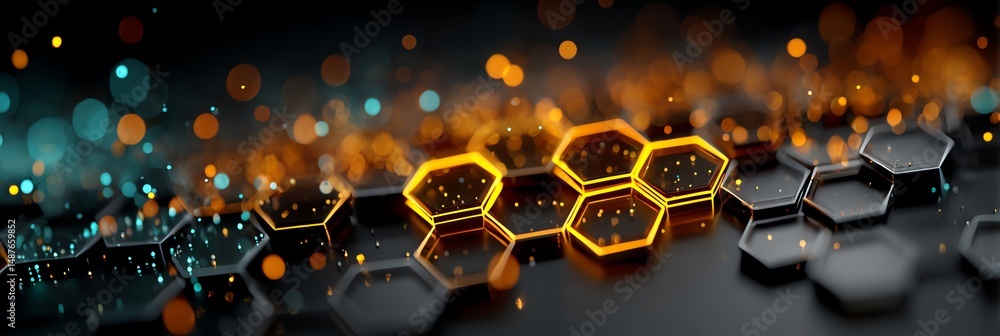 custom made wallpaper toronto digitalFuturistic glowing hexagon grid in neon turquoise, violet, and amber. Ultra HD sci-fi honeycomb pattern with depth effects, perfect for tech & cyberpunk themes
