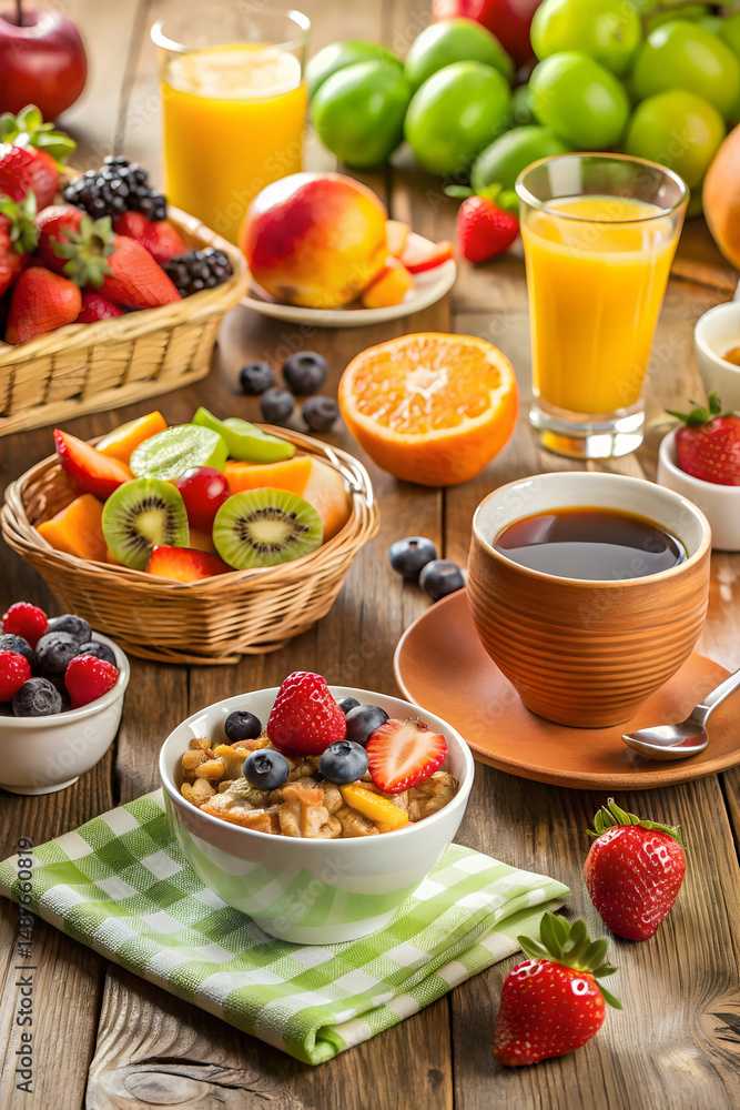 Breakfast with assorted fruits on table in natural light for healthy morning setup Breakfast with assorted fruits on table in natural light for healthy morning setup