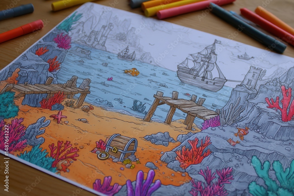 Naklejka premium Colorful illustrated seascape scene with a pirate ship.